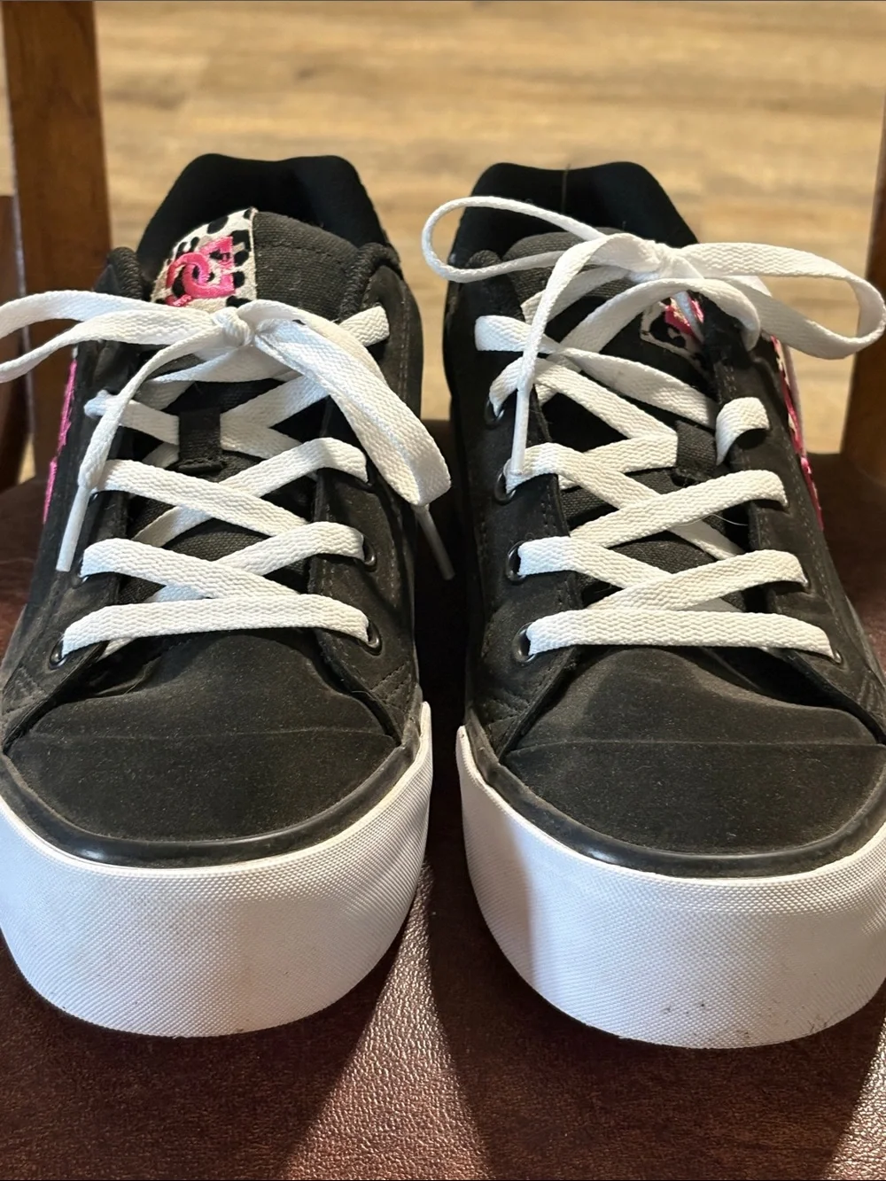 DC Women's Black Sneakers with Pink Logo and White Platform